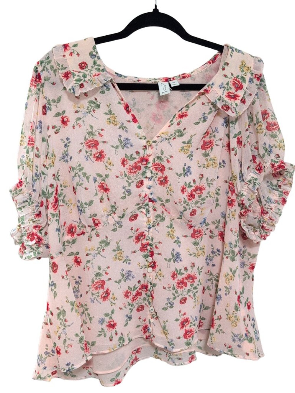 Joie Pink Floral Peplum Blouse Size 2X Lightweight V-Neck Ruffle Collar Feminine